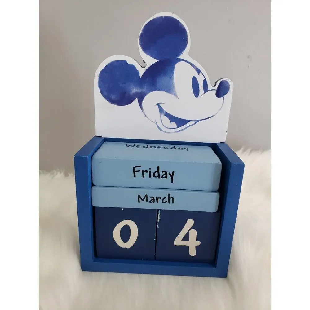 Disney Mickey Mouse Perpetual‎ Wood Blue Block Desk Office Wall Calendar Decor
